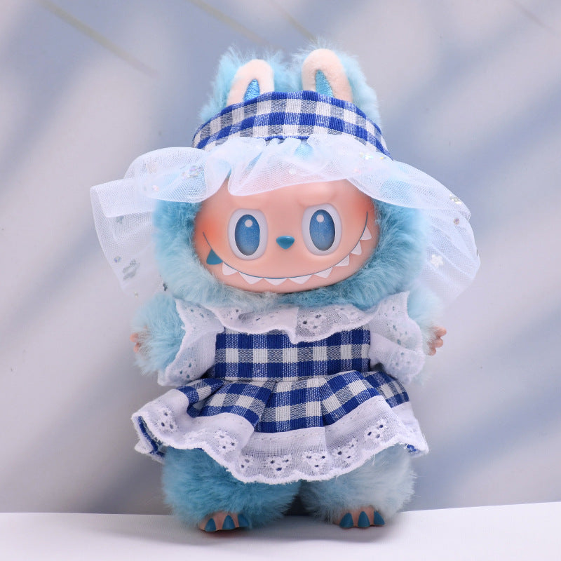 Handmade Labubu set can be paired with Labubu V1 Macaron and V2 seats with a blue plaid skirt headband set and a lace up cloth for baby clothes (excluding dolls)