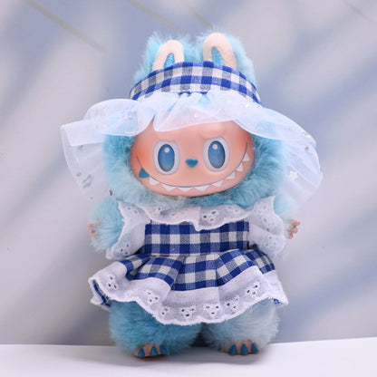 Handmade Labubu set can be paired with Labubu V1 Macaron and V2 seats with a blue plaid skirt headband set and a lace up cloth for baby clothes (excluding dolls)