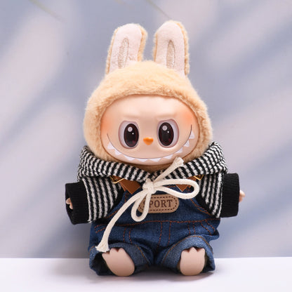 Handmade Labubu set can be paired with Labubu V1 Macaron and V2 seats denim overalls black striped hooded suit Labubu doll outfit (excluding dolls)