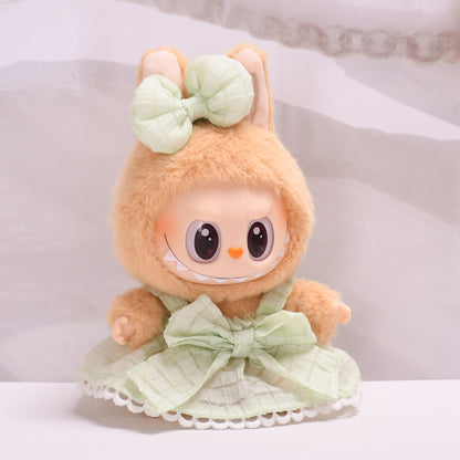 Handmade Labubu set can be paired with Labubu V1 Macaron and V2 seats, second-generation vinyl seats party seats canvas pendants checkered bows cool shoulder skirts Labubu baby clothes (excluding dolls)