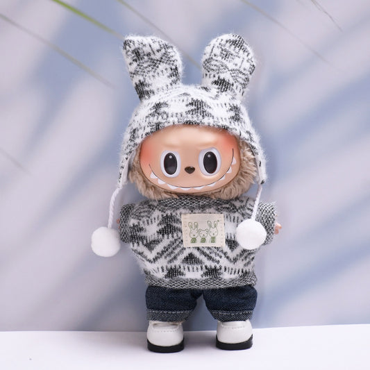 Handmade Labubu set can be paired with Labubu V1 Macaron and V2 seat pendant clothes gray knitted printed wool ball cap set Labubu plush baby clothes (excluding dolls)