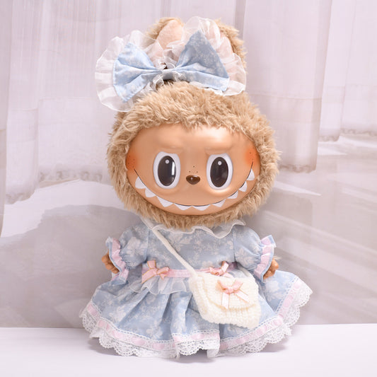 Handmade Labubu set can be paired with Labubu V1 Macaron and V2 seats featuring 38cm canvas doll clothes Labubu dolls can replace blue printed rose dresses (excluding dolls)