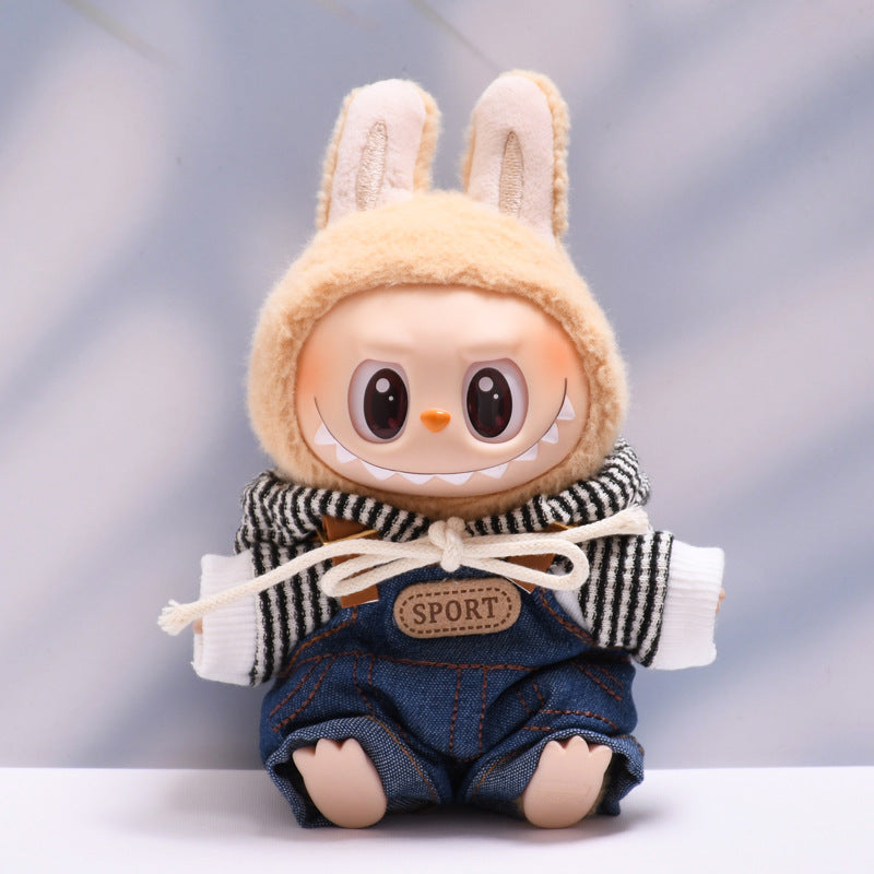Handmade Labubu set can be paired with Labubu V1 Macaron and V2 seats denim overalls white striped hooded suit Labubu doll outfit (excluding dolls)