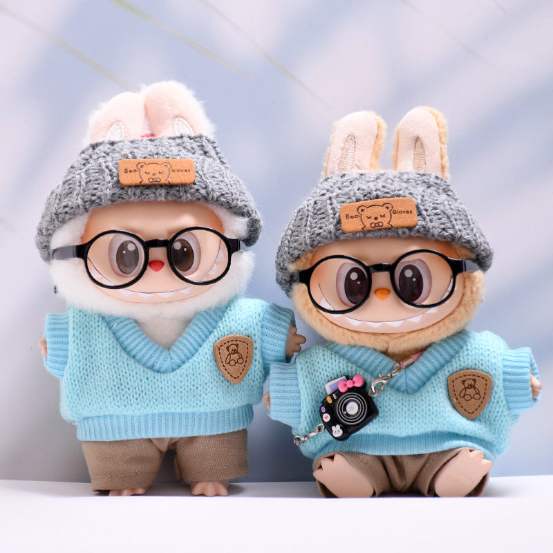 Handmade Labubu set can be paired with Labubu V1 Macaron and V2 seats blue knitted vest glasses hat set Labubu doll clothes (excluding dolls)