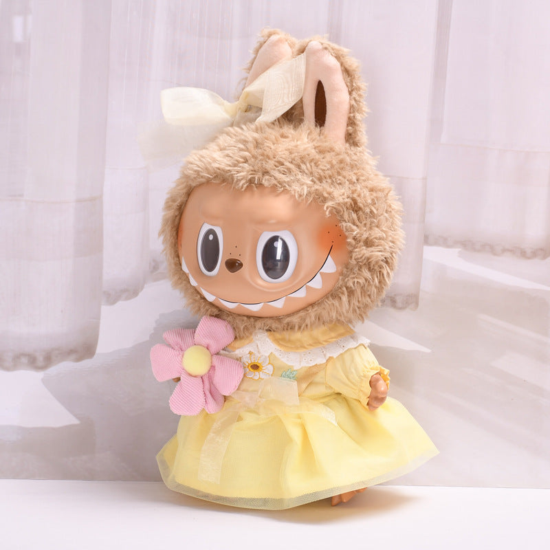 Handmade Labubu set can be paired with Labubu V1 Macaron and V2 seats with a 38cm large canvas cloth as a substitute for clothes yellow bow yarn skirt Labubu dress and children's clothing (excluding dolls)