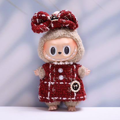 Handmade Labubu set can be paired with Labubu V1 Macaron and V2 seats 17cm canvas pendant clothes red small fragrant style vinyl Labubu doll dress (excluding dolls)