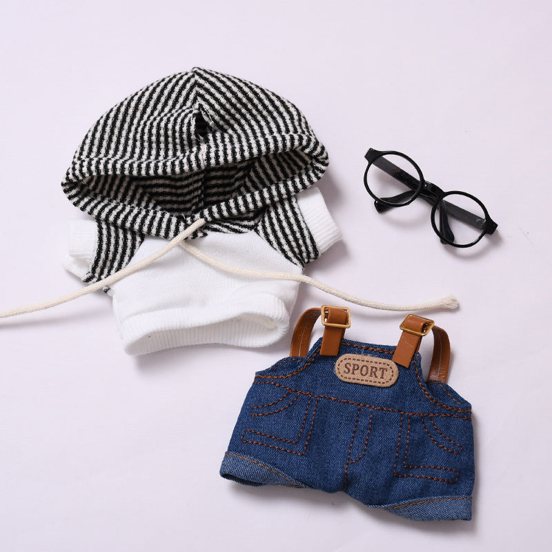 Handmade Labubu set can be paired with Labubu V1 Macaron and V2 seats denim overalls white striped hooded suit Labubu doll outfit (excluding dolls)