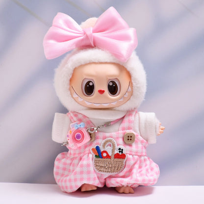 Handmade Labubu Outfit first second and third generation pendants Labubu clothes checkered overalls bow cameras Labubu dolls clothing accessories (not including dolls)