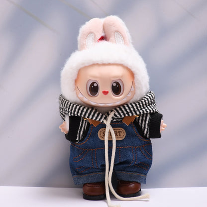 Handmade Labubu set can be paired with Labubu V1 Macaron and V2 seats denim overalls black striped hooded suit Labubu doll outfit (excluding dolls)