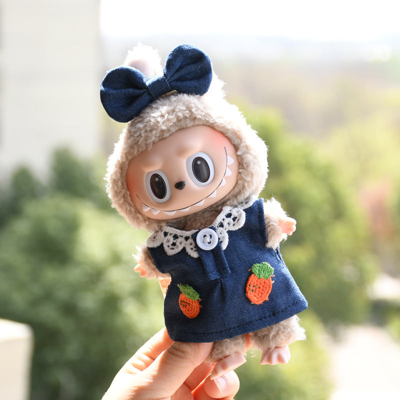 Handmade Labubu set can be paired with Labubu V1 Macaron and V2 seats with 17cm blind box canvas clothing for denim skirts vinyl dolls keychains cute baby clothes (excluding dolls)