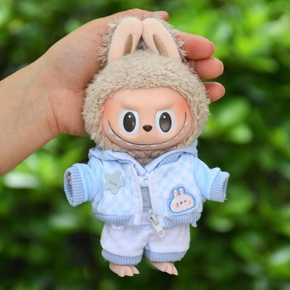 Handmade Labubu set can be paired with Labubu V1 Macaron and V2 seats 17cm Labubu pendant clothes fashionable blue jacket hoodie four piece set ragcloth casual dressing clothes (excluding dolls)