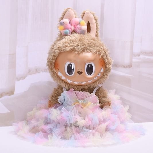Handmade Labubu set can be paired with Labubu V1 Macaron and V2 seats with a 38cm vinyl cloth cover for changing clothes Colorful bow yarn skirt Labubu cute baby dress (excluding dolls)