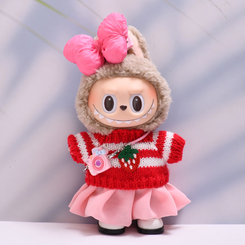 Handmade Labubu set can be paired with Labubu V1 Macaron and V2 seats with red strawberry sweater yarn skirt set and Labubu doll outfit (excluding dolls)