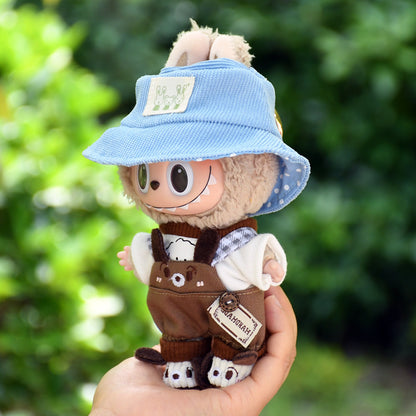 Handmade Labubu Outfit 17cm Pendant Labubu Cloth Clothes Small Brown Dog Strap Pants Set Baby Clothes Labubu Cute Three Piece Set (Not Including Dolls)