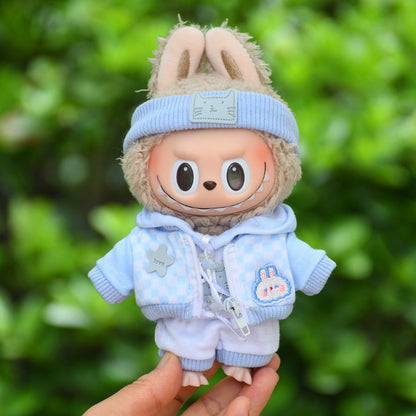 Handmade Labubu set can be paired with Labubu V1 Macaron and V2 seats 17cm Labubu pendant clothes fashionable blue jacket hoodie four piece set ragcloth casual dressing clothes (excluding dolls)