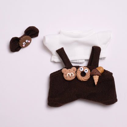 Handmade Labubu set can be paired with Labubu V1 Macaron and V2 seats, 17cm canvas pendant clothes, dark brown donut overalls, vinyl labubu baby clothes (excluding dolls)