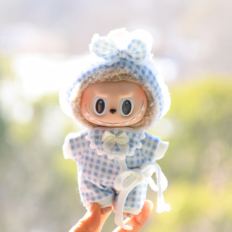 Handmade Labubu set can be paired with Labubu V1 Macaron and V2 seats 15cm pendant canvas clothes checkered pajamas, three piece set keychain vinyl doll baby clothes (excluding dolls)