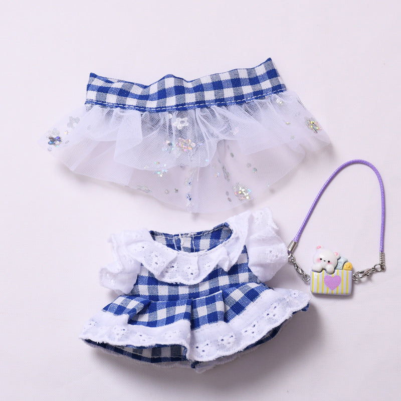 Handmade Labubu set can be paired with Labubu V1 Macaron and V2 seats with a blue plaid skirt headband set and a lace up cloth for baby clothes (excluding dolls)