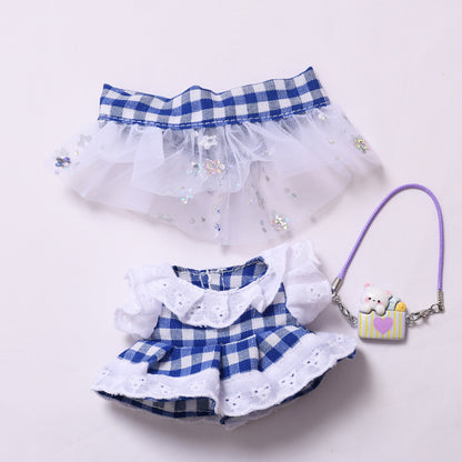 Handmade Labubu set can be paired with Labubu V1 Macaron and V2 seats with a blue plaid skirt headband set and a lace up cloth for baby clothes (excluding dolls)