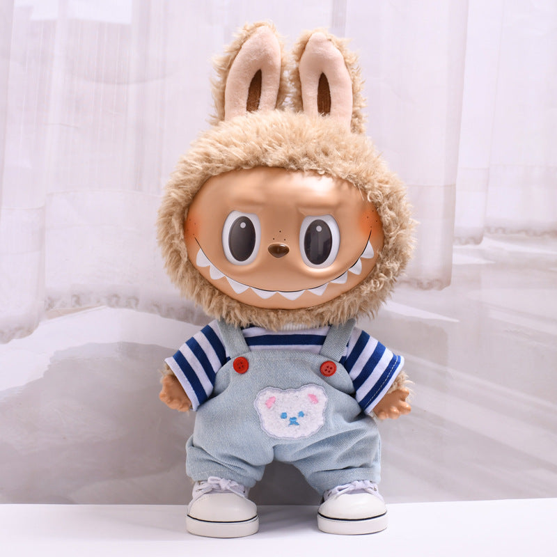 Handmade Labubu set can be paired with Labubu V1 Macaron and V2 seats 38cm Labubu doll doll clothes blue striped teddy bear overalls Labubu changing clothes (excluding dolls)