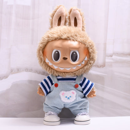 Handmade Labubu set can be paired with Labubu V1 Macaron and V2 seats 38cm Labubu doll doll clothes blue striped teddy bear overalls Labubu changing clothes (excluding dolls)