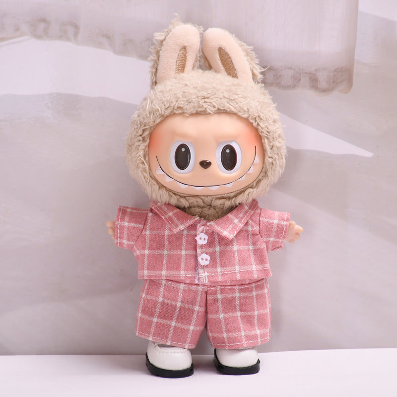 Handmade Labubu set can be paired with Labubu V1 Macaron and V2 seat blind box pendant canvas clothes pink checkered suit dress labubu baby clothes (excluding dolls)