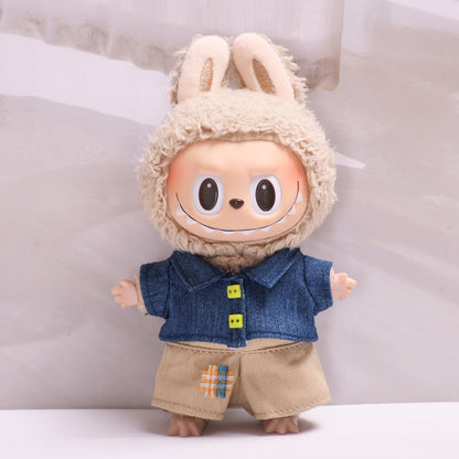 Handmade Labubu set can be paired with Labubu V1 Macaron and V2 seats with denim lapel jacket three piece set Labubu baby clothes (excluding dolls)