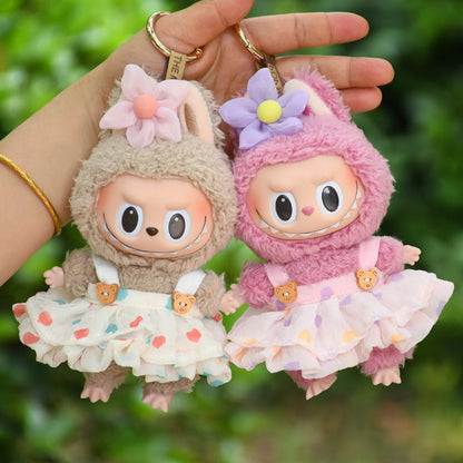 Handmade Labubu set can be paired with Labubu V1 Macaron and V2 seats 17cm canvas pendant clothes teddy bear wooden buckle yarn skirt labubu dressing for cute children (excluding dolls)