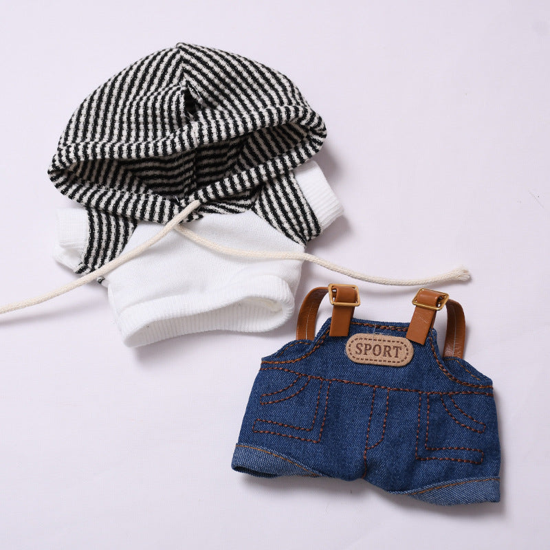 Handmade Labubu set can be paired with Labubu V1 Macaron and V2 seats denim overalls white striped hooded suit Labubu doll outfit (excluding dolls)