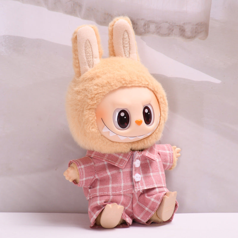 Handmade Labubu set can be paired with Labubu V1 Macaron and V2 seat blind box pendant canvas clothes pink checkered suit dress labubu baby clothes (excluding dolls)