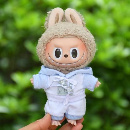 Handmade Labubu set can be paired with Labubu V1 Macaron and V2 seats 17cm Labubu pendant clothes fashionable blue jacket hoodie four piece set ragcloth casual dressing clothes (excluding dolls)