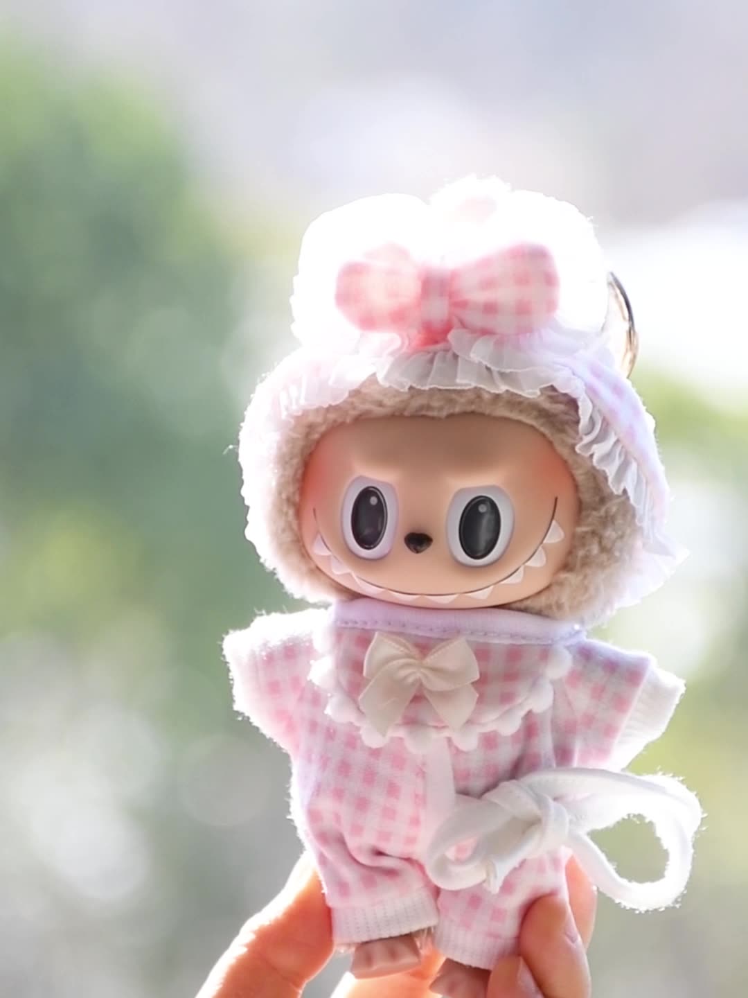 Handmade Labubu set can be paired with Labubu V1 Macaron and V2 seats 15cm pendant canvas clothes checkered pajamas, three piece set keychain vinyl doll baby clothes (excluding dolls)