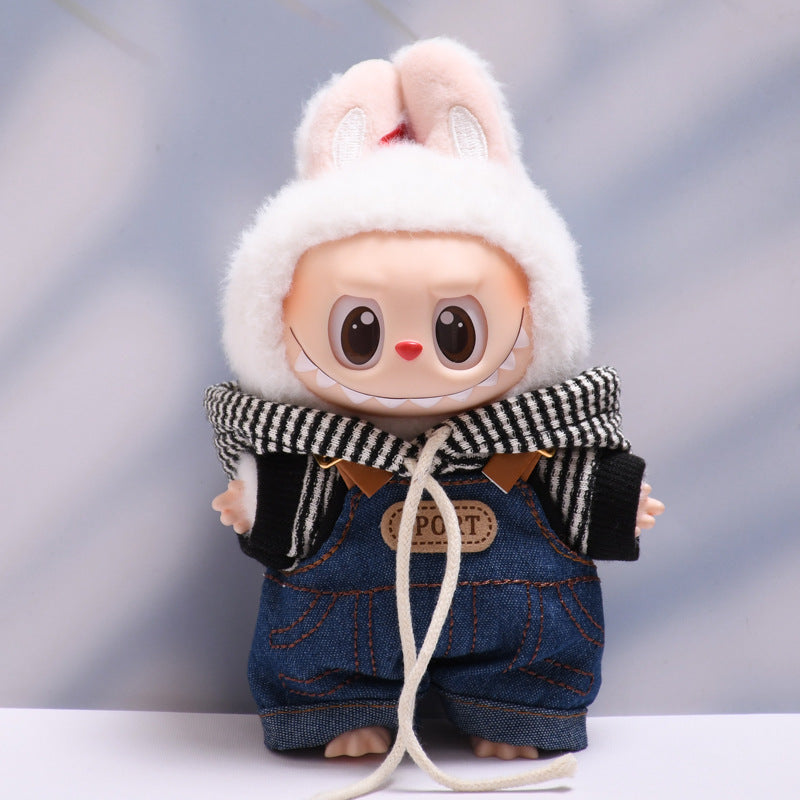 Handmade Labubu set can be paired with Labubu V1 Macaron and V2 seats denim overalls black striped hooded suit Labubu doll outfit (excluding dolls)