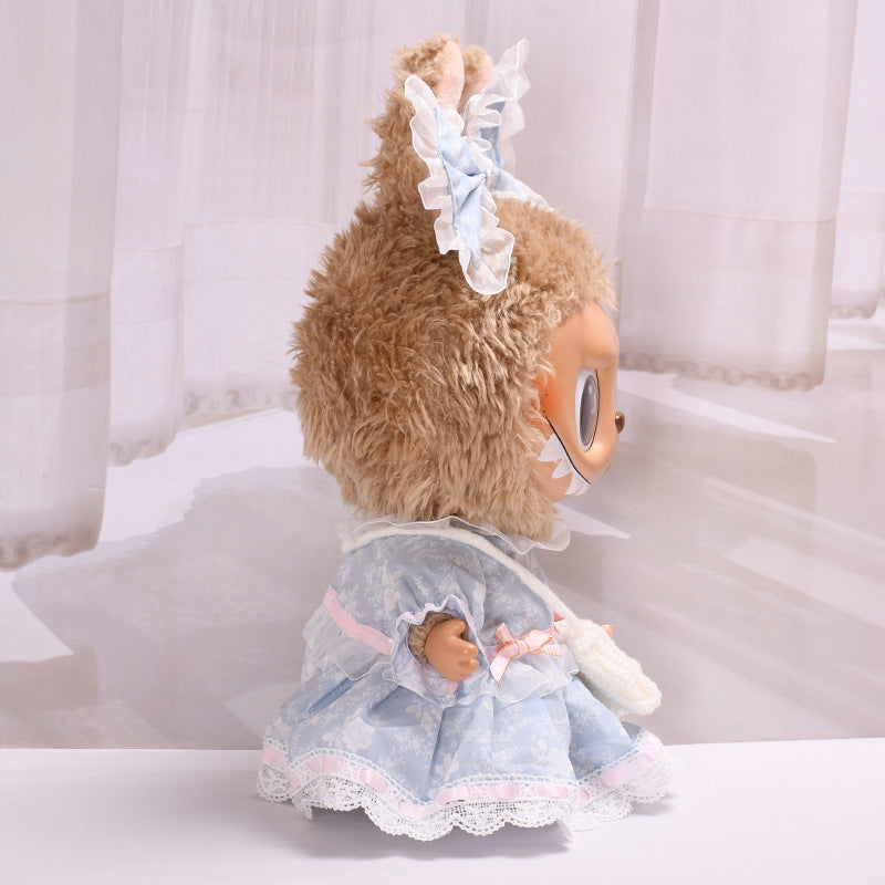 Handmade Labubu set can be paired with Labubu V1 Macaron and V2 seats featuring 38cm canvas doll clothes Labubu dolls can replace blue printed rose dresses (excluding dolls)