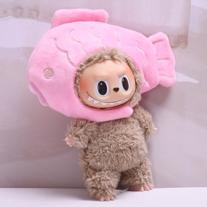 Handmade Labubu set can be paired with Labubu V1 Macaron and V2 seat 17cm pendant canvas clothing accessories pink goldfish head cover keychain Labubu cute hat (excluding dolls)