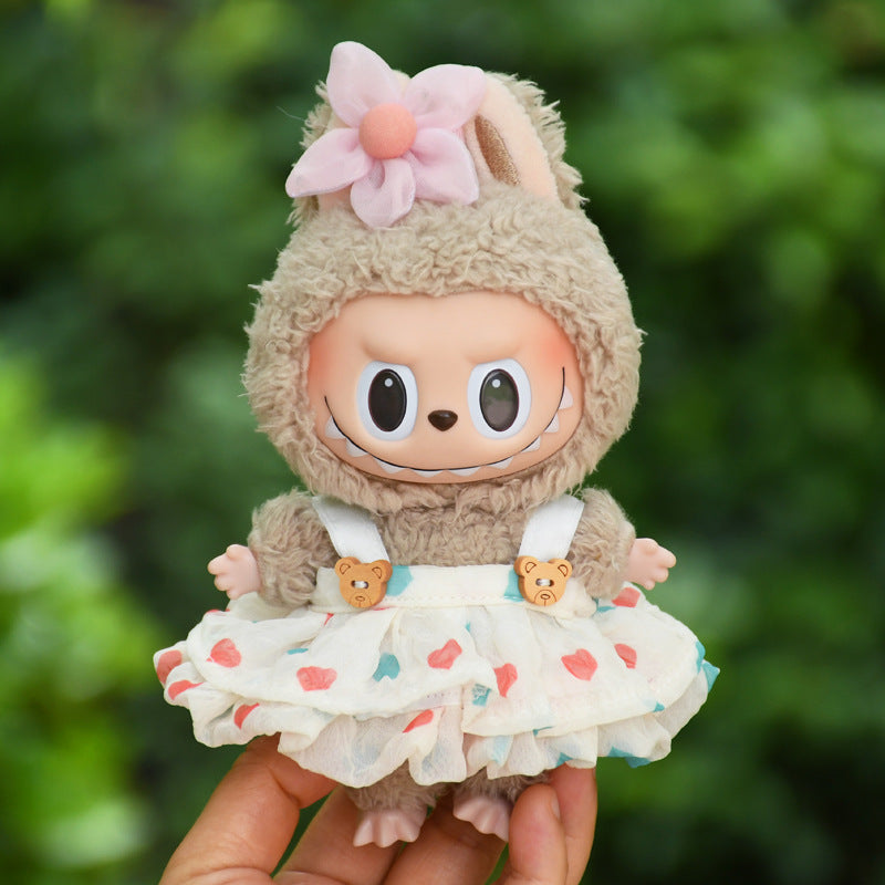 Handmade Labubu set can be paired with Labubu V1 Macaron and V2 seats 17cm canvas pendant clothes teddy bear wooden buckle yarn skirt labubu dressing for cute children (excluding dolls)