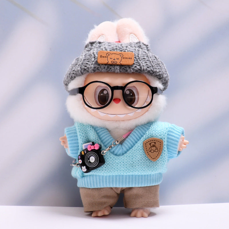 Handmade Labubu set can be paired with Labubu V1 Macaron and V2 seats blue knitted vest glasses hat set Labubu doll clothes (excluding dolls)