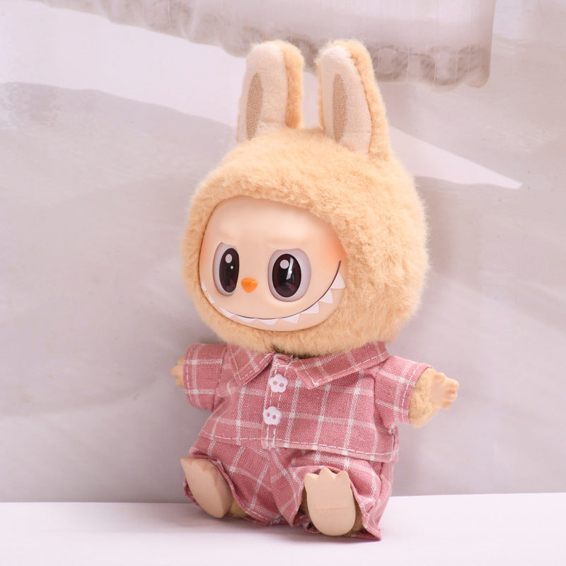 Handmade Labubu set can be paired with Labubu V1 Macaron and V2 seat blind box pendant canvas clothes pink checkered suit dress labubu baby clothes (excluding dolls)