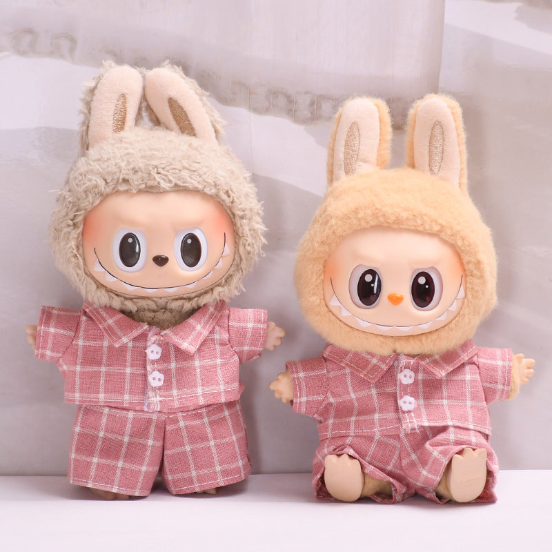 Handmade Labubu set can be paired with Labubu V1 Macaron and V2 seat blind box pendant canvas clothes pink checkered suit dress labubu baby clothes (excluding dolls)