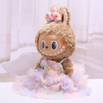 Handmade Labubu set can be paired with Labubu V1 Macaron and V2 seats with a 38cm vinyl cloth cover for changing clothes Colorful bow yarn skirt Labubu cute baby dress (excluding dolls)