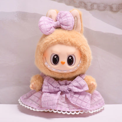 Handmade Labubu set can be paired with Labubu V1 Macaron and V2 seats, second-generation vinyl seats party seats canvas pendants checkered bows cool shoulder skirts Labubu baby clothes (excluding dolls)