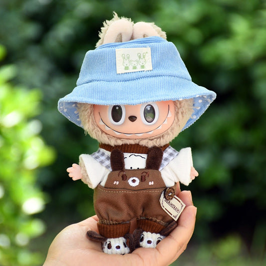 Handmade Labubu Outfit 17cm Pendant Labubu Cloth Clothes Small Brown Dog Strap Pants Set Baby Clothes Labubu Cute Three Piece Set (Not Including Dolls)