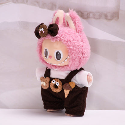 Handmade Labubu set can be paired with Labubu V1 Macaron and V2 seats, 17cm canvas pendant clothes, dark brown donut overalls, vinyl labubu baby clothes (excluding dolls)
