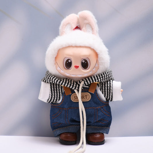 Handmade Labubu set can be paired with Labubu V1 Macaron and V2 seats denim overalls white striped hooded suit Labubu doll outfit (excluding dolls)