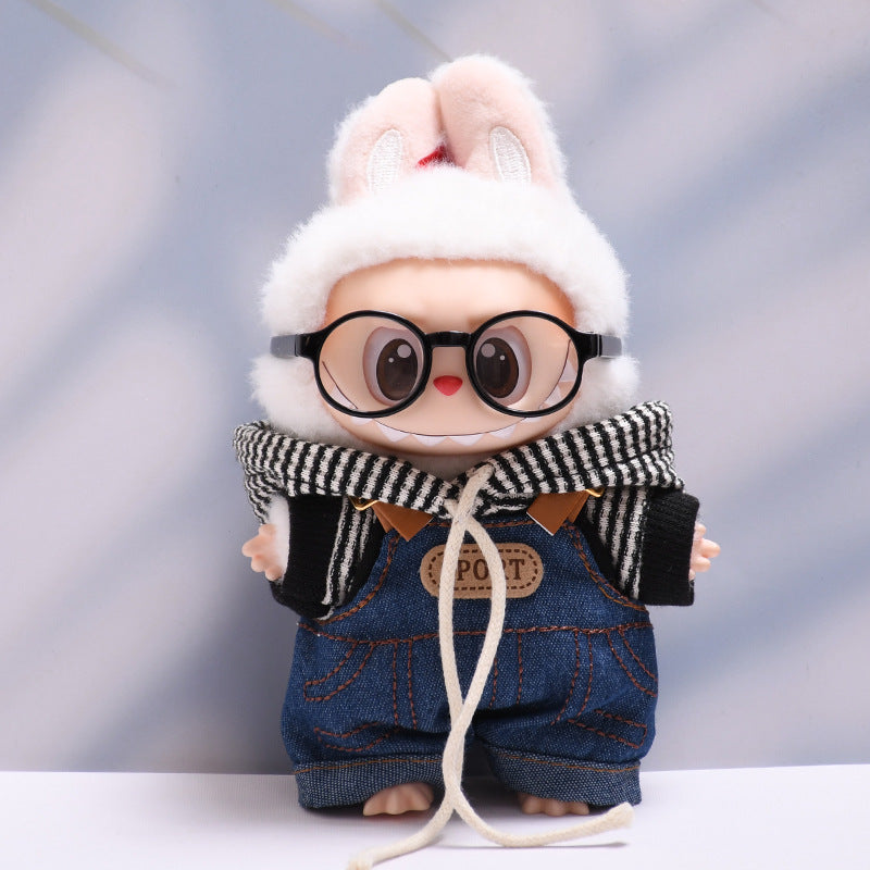 Handmade Labubu set can be paired with Labubu V1 Macaron and V2 seats denim overalls black striped hooded suit Labubu doll outfit (excluding dolls)