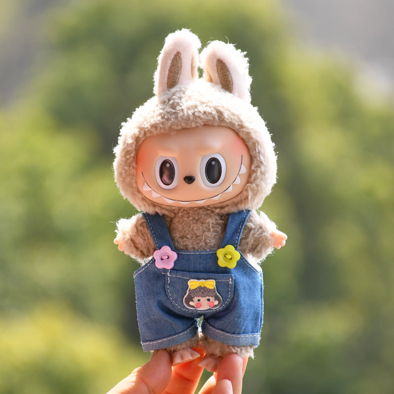 Handmade Labubu set can be paired with Labubu V1 Macaron and V2 seats with 17cm hanging pieces made of canvas for wearing denim overalls vinyl dolls keychains and baby clothes (excluding dolls)