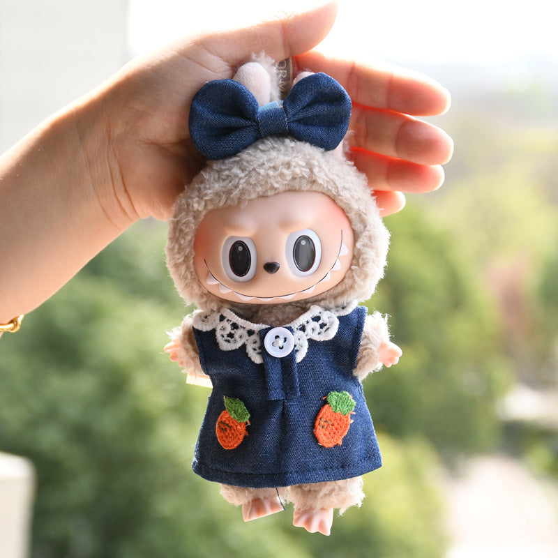 Handmade Labubu set can be paired with Labubu V1 Macaron and V2 seats with 17cm blind box canvas clothing for denim skirts vinyl dolls keychains cute baby clothes (excluding dolls)