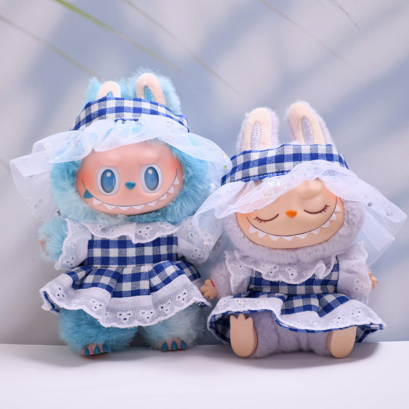 Handmade Labubu set can be paired with Labubu V1 Macaron and V2 seats with a blue plaid skirt headband set and a lace up cloth for baby clothes (excluding dolls)