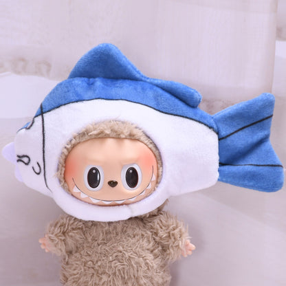 Handmade Labubu set can be paired with Labubu V1 Macaron and V2 seat 17cm pendant canvas clothing accessories, crucian carp head cover keychain Labubu cute hat (excluding dolls)