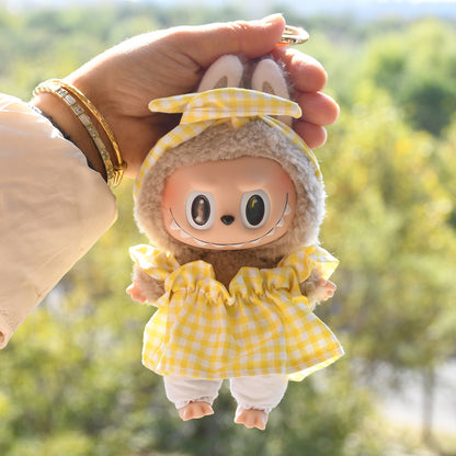 Handmade Labubu set can be paired with Labubu V1 Macaron and V2 seats with 17cm hanging pieces made of canvas fabric as a substitute for headband style plaid skirts and vinyl dolls (excluding dolls)